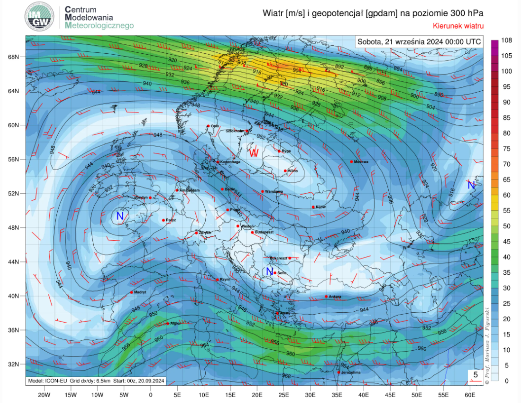 Prognozowane przez model ICON-EU prędkość i kierunek wiatru oraz geopotencjał na poziomie 300 hPa w sobotę (21.09 00:00 UTC) nad Europą.