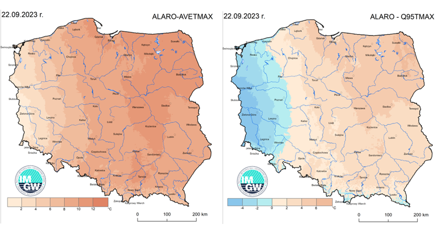 Anomalia prognozy TMAX (2023-09-22) względem notowanych charakterystyk wieloletnich (1991-2020): ALARO-AVETMAX – ALARO-wartość średnia TMAX (po lewej), ALARO-Q95TMAX – ALARO-kwantyl 95% TMAX (po prawej).