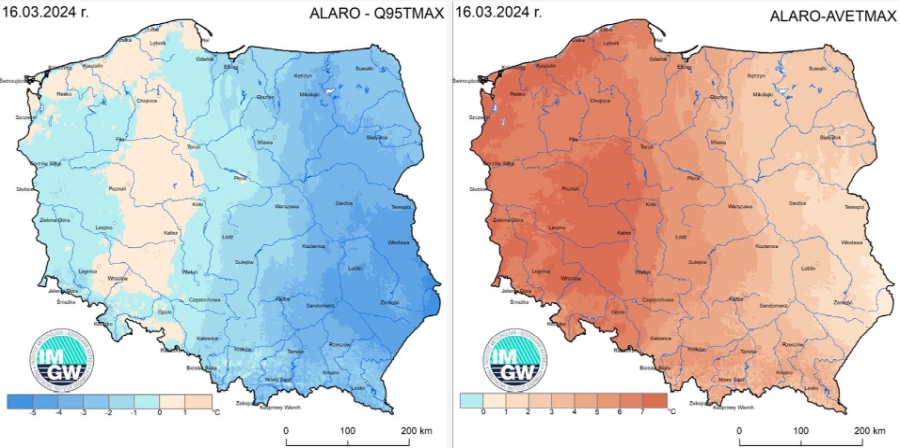 Anomalia prognozy TMAX (2024-03-16) względem notowanych charakterystyk wieloletnich (1991-2020): ALARO-AVETMAX – ALARO-wartość średnia TMAX (po lewej), ALARO-Q95TMAX – ALARO-kwantyl 95% TMAX (po prawej).