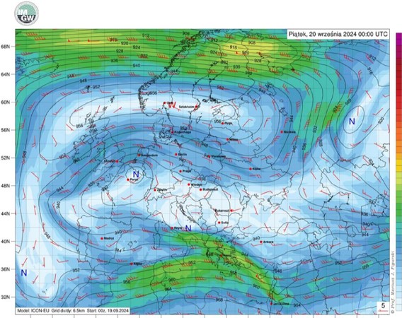 Prognozowane przez model ICON-EU prędkość i kierunek wiatru oraz geopotencjał na poziomie 300 hPa w piątek (20.09 00:00 UTC) nad Europą.