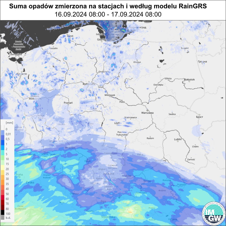 Suma opadów według modelu RainGRS za okres 24 h (16.09.2024 06:00 UTC – 17.09.2024 06:00 UTC).