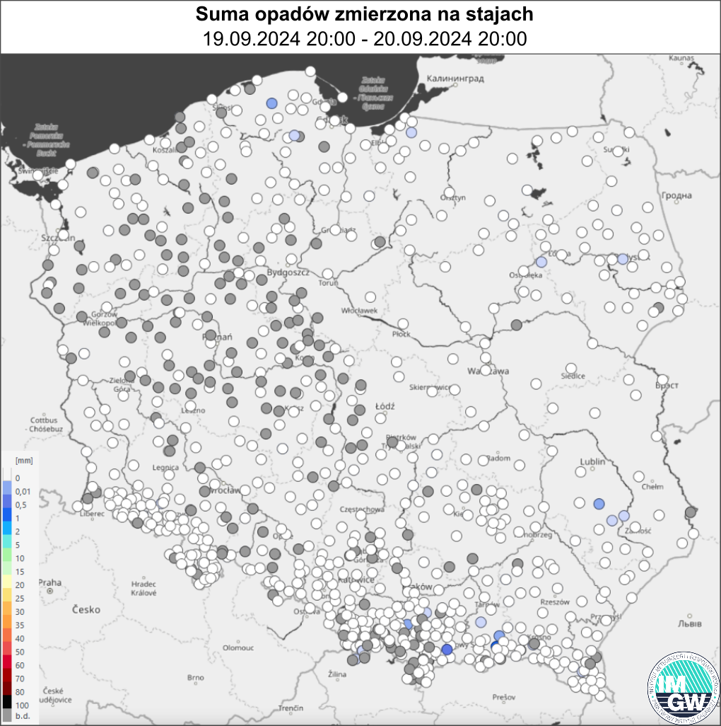 Suma opadów zmierzona na stacjach pomiarowych za okres 24 h (19.09.2024 18:00 UTC – 20.09.2024 18:00 UTC).
