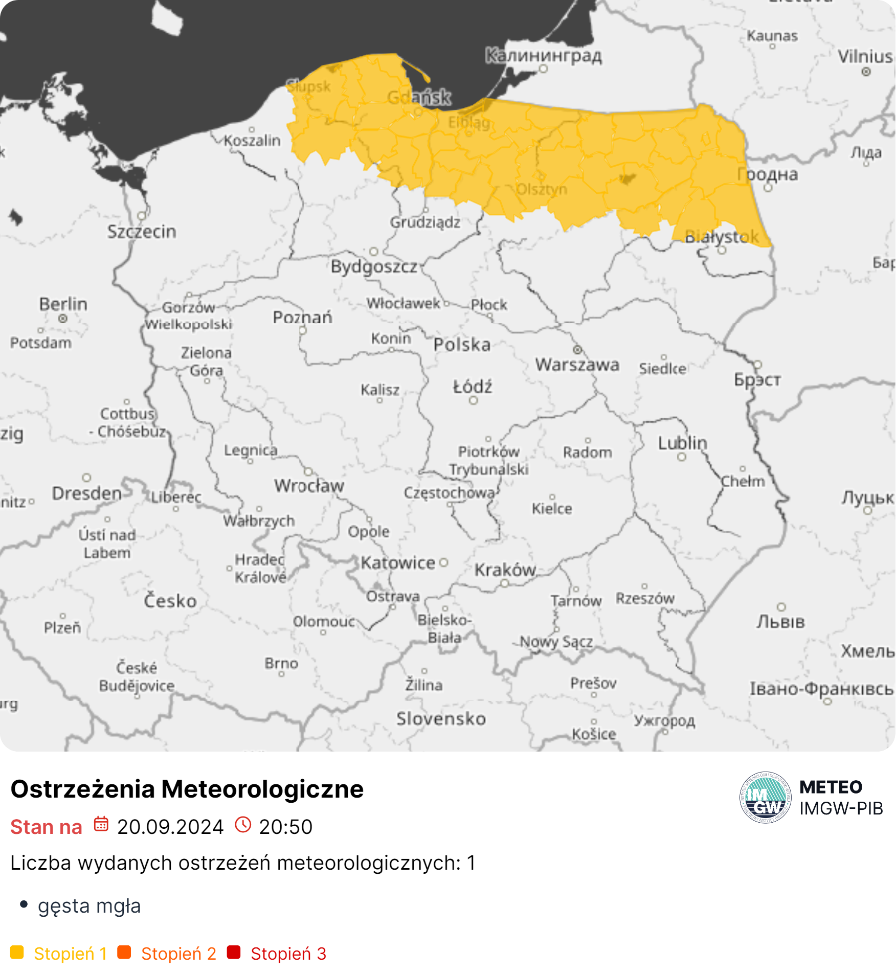 Mapa obowiązujących ostrzeżeń meteorologicznych. Źródło: IMGW-PIB.