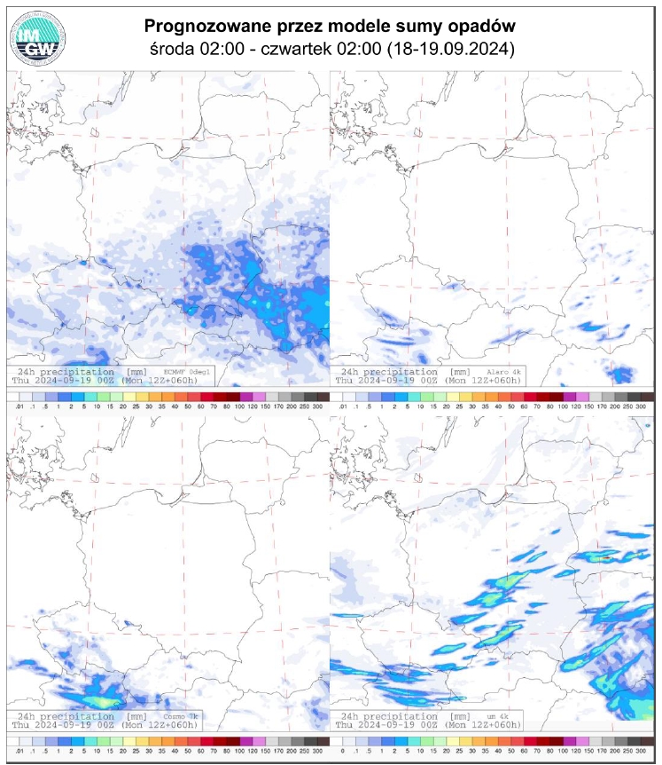 Prognozowana dobowa suma opadów od środy (18.09.2024) godz. 00 UTC do czwartku (19.09.2024) godz. 00 UTC wg wyników modeli ECMWF 0.1°, Alaro 4 km, COSMO 7 km, UM 4 km.