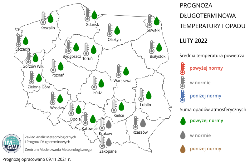 Rys. 3. Prognoza średniej miesięcznej temperatury powietrza i miesięcznej sumy opadów atmosferycznych na luty 2022 r. dla wybranych miast w Polsce.