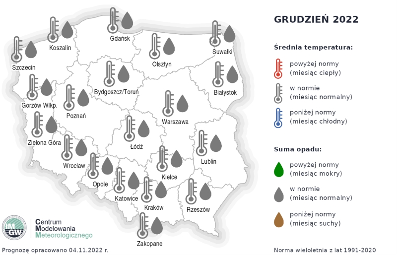Rys. 1. Prognoza średniej miesięcznej temperatury powietrza i miesięcznej sumy opadów atmosferycznych na grudzień 2022 r. dla wybranych miast w Polsce