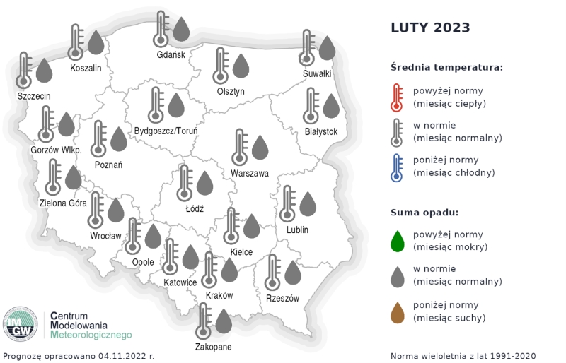 Rys. 3. Prognoza średniej miesięcznej temperatury powietrza i miesięcznej sumy opadów atmosferycznych na luty 2023 r. dla wybranych miast w Polsce