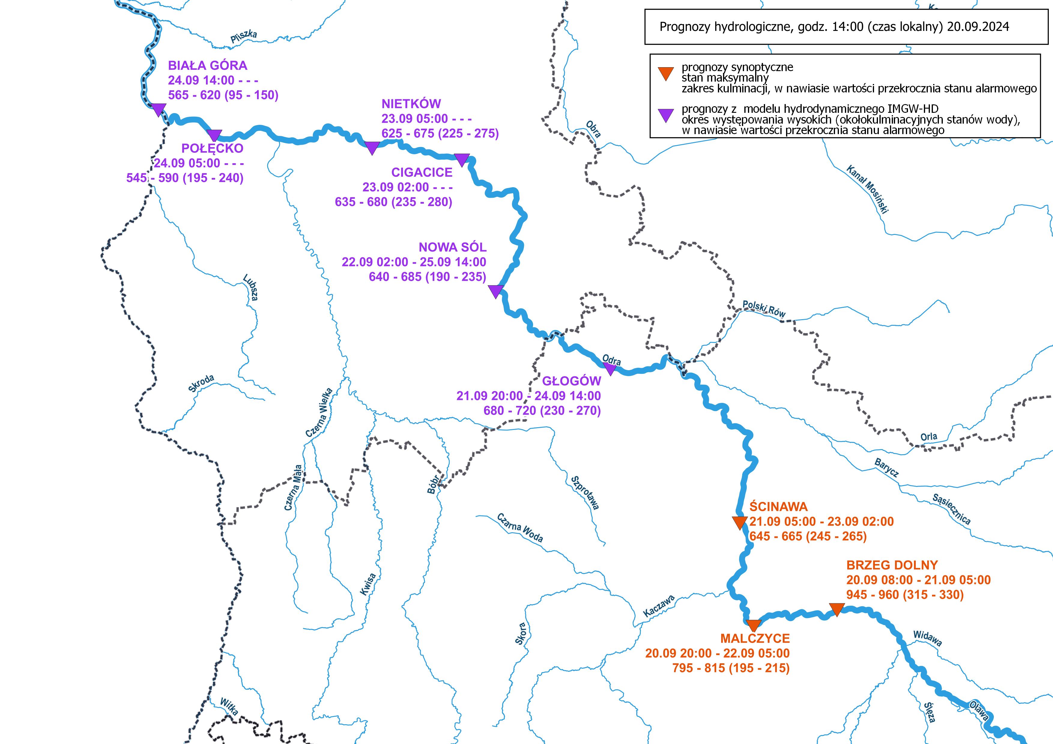 Prognoza hydrologiczna wezbrania na Odrze 20.09.2024.