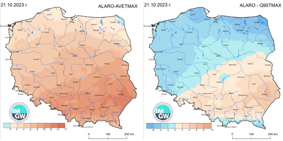 Anomalia prognozy TMAX (2023-10-21) względem notowanych charakterystyk wieloletnich (1991-2020): ALARO-AVETMAX – ALARO-wartość średnia TMAX (po lewej), ALARO-Q95TMAX – ALARO-kwantyl 95% TMAX (po prawej).