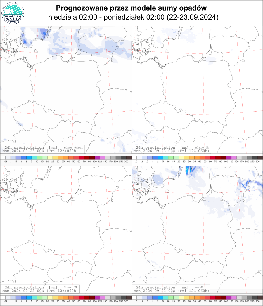 Prognozowana dobowa suma opadów na niedzielę (22.09 02 UTC - 23.09 02 UTC) wg wyników modeli ECMWF 0.1°, Alaro 4 km, COSMO 7 km, UM 4 km.