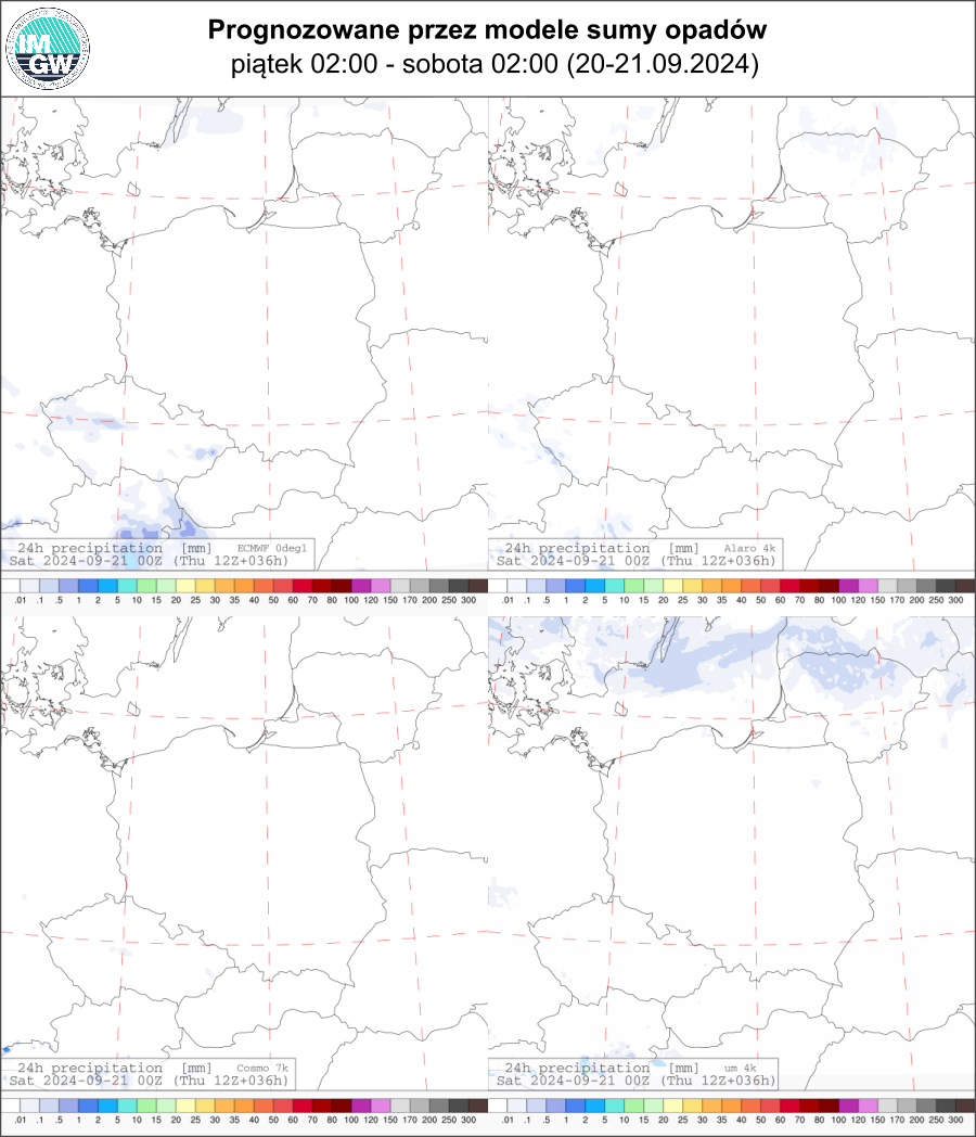 Prognozowana dobowa suma opadów na piątek (20.09 02 UTC - 21.09 02 UTC) wg wyników modeli ECMWF 0.1°, Alaro 4 km, COSMO 7 km, UM 4 km.
