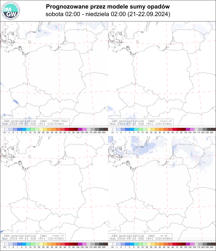 Prognozowana dobowa suma opadów na sobotę (21.09 02 UTC - 22.09 02 UTC) wg wyników modeli ECMWF 0.1°, Alaro 4 km, COSMO 7 km, UM 4 km.