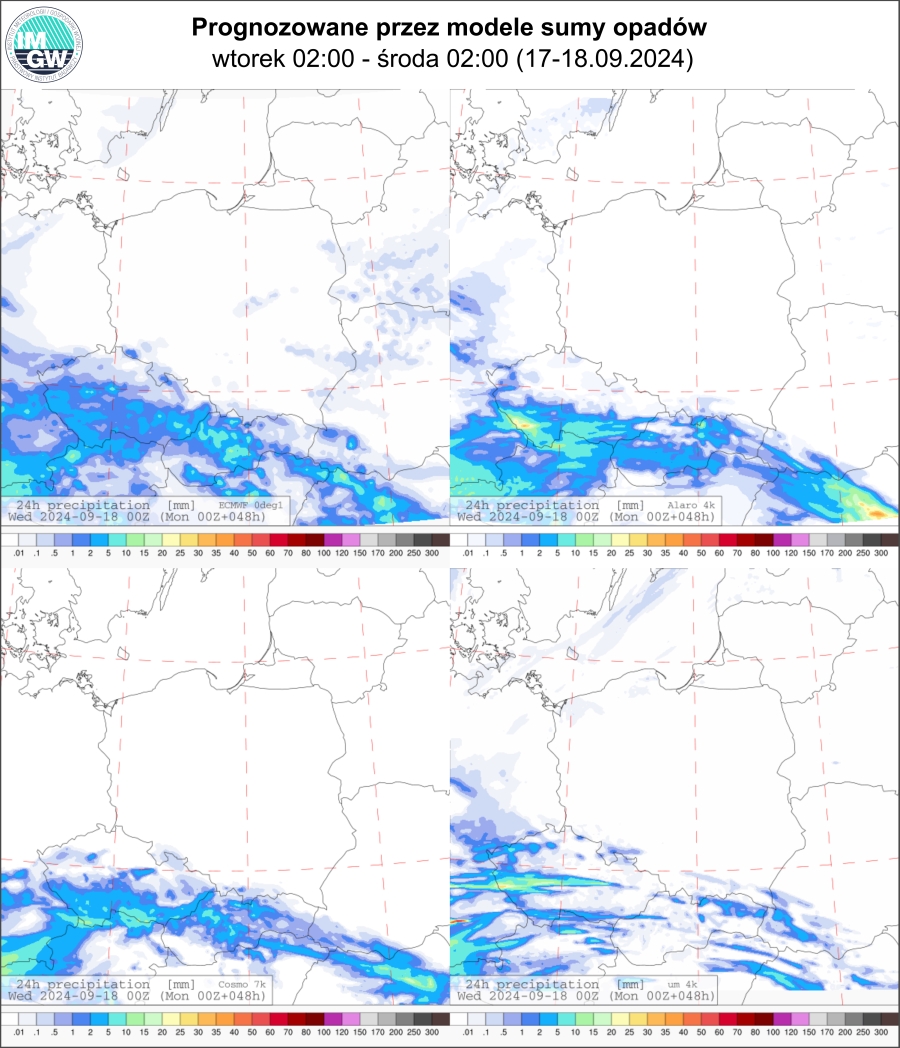 Prognozowana dobowa suma opadów na wtorek (17.09 00 UTC - 18.09 00 UTC) wg wyników modeli ECMWF 0.1°, Alaro 4 km, COSMO 7 km, UM 4 km.