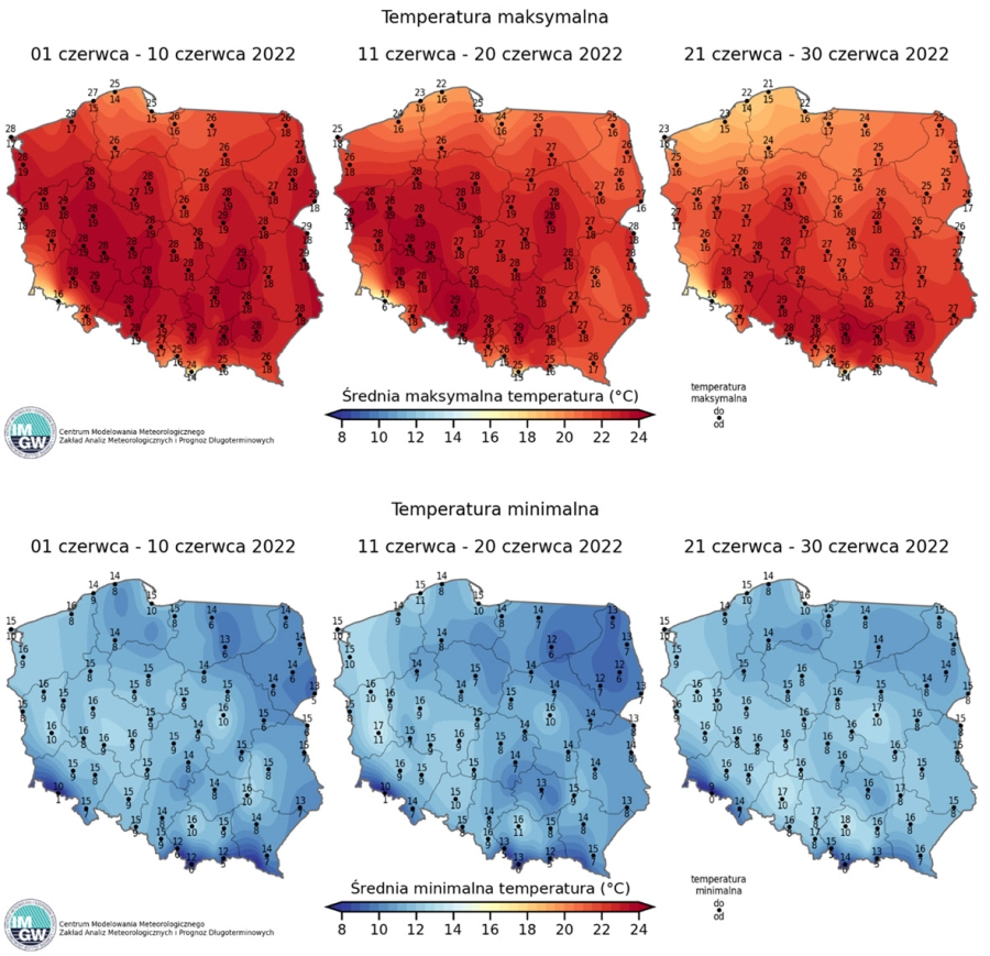 Temperatura maksymalna i minimalna w Polsce według numeryczno-statystycznego modelu prognostycznego IMGW-TWS.