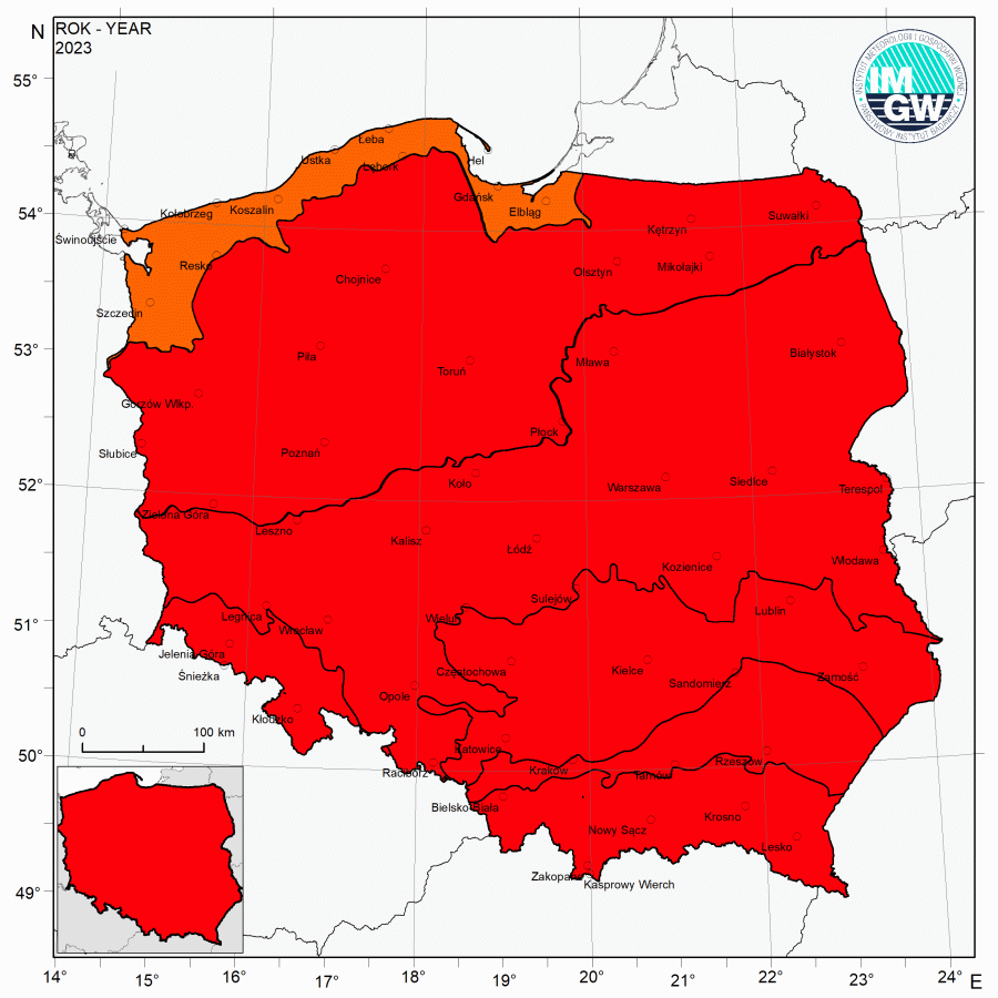 Klasyfikacja termiczna w 2023 r. w poszczególnych regionach klimatycznych Polski.