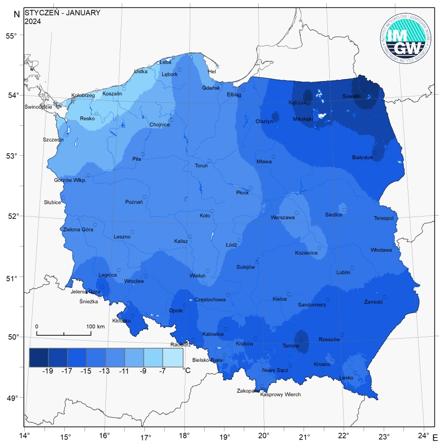 Przestrzenny rozkład wartości kwantyla 5% minimalnej temperatury powietrza w styczniu 2024 r.