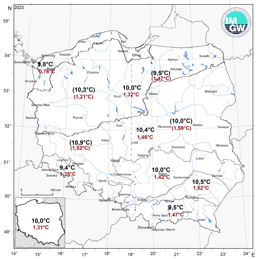 Wartości średniej obszarowej rocznej temperatury powietrza wraz z anomaliami oraz klasyfikacja termiczna w 2023 r. w poszczególnych regionach klimatycznych Polski.