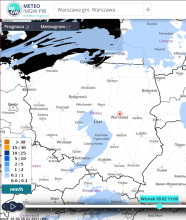 Prognoza opadów śniegu, suma 1 godz. dziś 9.02.2021 r. na godz. 12:00 wg modelu Arome. meteo.imgw.pl