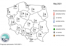 Rys. 1. Prognoza średniej miesięcznej temperatury powietrza i miesięcznej sumy opadów atmosferycznych na maj 2021 r. dla wybranych miast w Polsce