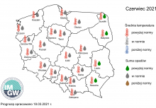 Rys. 2. Prognoza średniej miesięcznej temperatury powietrza i miesięcznej sumy opadów atmosferycznych na czerwiec 2021 r. dla wybranych miast w Polsce