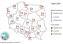 Rys. 3. Prognoza średniej miesięcznej temperatury powietrza i miesięcznej sumy opadów atmosferycznych na lipiec 2021 r. dla wybranych miast w Polsce