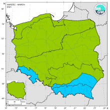 Klasyfikacja termiczna marca 2021 r. w poszczególnych regionach klimatycznych Polski.