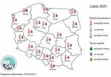 Rys. 2. Prognoza średniej miesięcznej temperatury powietrza i miesięcznej sumy opadów atmosferycznych na lipiec 2021 r. dla wybranych miast w Polsce