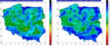 Wskaźnik wilgotności gleby na głębokości 7-28 cm (lewa grafika) i 28-100 cm (prawa grafika) w dniu 31 marca 2021 r. na podstawie obrazów satelitarnych.