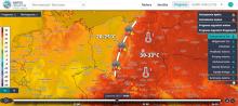 Prognozowana wartość temperatury powietrza na wys. 2 m nad powierzchnią ziemi w czwartek, 08.07.2021 r. o godz. 14:00 wg modelu Alaro 4k. Silny kontrast termiczny. | http://meteo.imgw.pl/