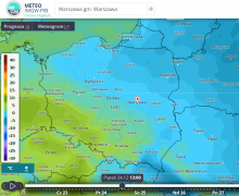 Prognoza wartości temperatury powietrza na wys. 2 m nad powierzchnią ziemi w piątek 24.12.2021 r. o godz. 13:00 wg modelu GFS. | https://meteo.imgw.pl/