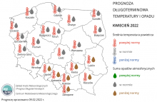 Rys. 2. Prognoza średniej miesięcznej temperatury powietrza i miesięcznej sumy opadów atmosferycznych na kwiecień 2022 r. dla wybranych miast w Polsce