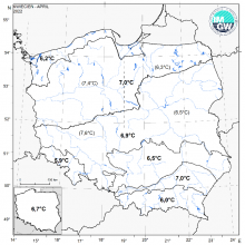 Wartości średniej obszarowej temperatury powietrza oraz klasyfikacja termiczna w kwietniu 2022 r. w poszczególnych regionach klimatycznych Polski.