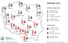 Prognoza średniej miesięcznej temperatury powietrza i miesięcznej sumy opadów atmosferycznych na sierpień 2022 r. dla wybranych miast w Polsce.