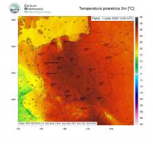 Prognoza wartości temperatury powietrza w piątek (01.07.2022 r.) o godz. 14:00 czasu lokalnego wg modelu WRF.