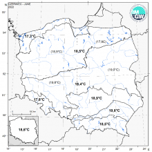 Wartości średniej obszarowej temperatury powietrza w czerwcu 2022 r. w poszczególnych regionach klimatycznych Polski.