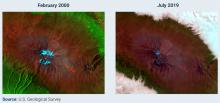 Zdjęcia z satelity Landsat z 21 lutego 2000 (po lewej) i 27 lipca 2019 roku (po prawej) ilustrujące cofanie się lodowca na szczycie Kilimandżaro.