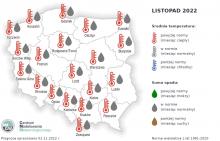 Prognoza średniej miesięcznej temperatury powietrza i miesięcznej sumy opadów atmosferycznych na listopad 2022 r. dla wybranych miast w Polsce.