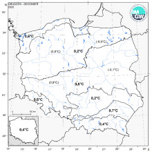 Wartości średniej obszarowej temperatury powietrza w grudniu 2022 r. w poszczególnych regionach klimatycznych Polski.