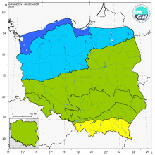 Klasyfikacja termiczna w grudniu 2022 r. w poszczególnych regionach klimatycznych Polski.