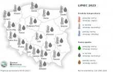 Rys.2. Prognoza średniej miesięcznej temperatury powietrza i miesięcznej sumy opadów atmosferycznych na lipiec 2023 r. dla wybranych miast w Polsce