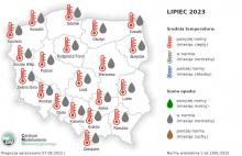 Rys. 1. Prognoza średniej miesięcznej temperatury powietrza i miesięcznej sumy opadów atmosferycznych na lipiec 2023 r. dla wybranych miast w Polsce