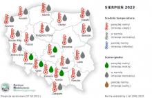 Rys.2. Prognoza średniej miesięcznej temperatury powietrza i miesięcznej sumy opadów atmosferycznych na sierpień 2023 r. dla wybranych miast w Polsce