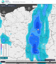 Prognozowane natężenie opadów w niedzielę 06.08.2023 r. o godz. 7:00 wg modelu GFS. \ https://meteo.imgw.pl/ 